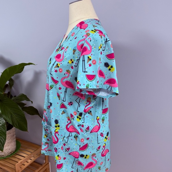 Ava Therese Scrub Top Plus 2X Turquoise Flamingo & Pineapple Print Scrubs Nurse - Picture 4 of 5